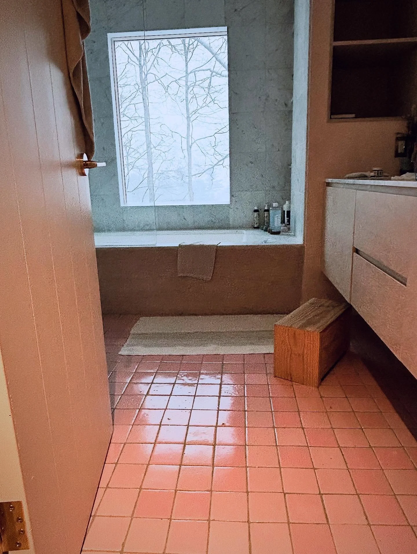 The snowy light coming through this magical pink womb of a bathroom 😍 #interiors #bathroomdesign #handmadetiles @cletile