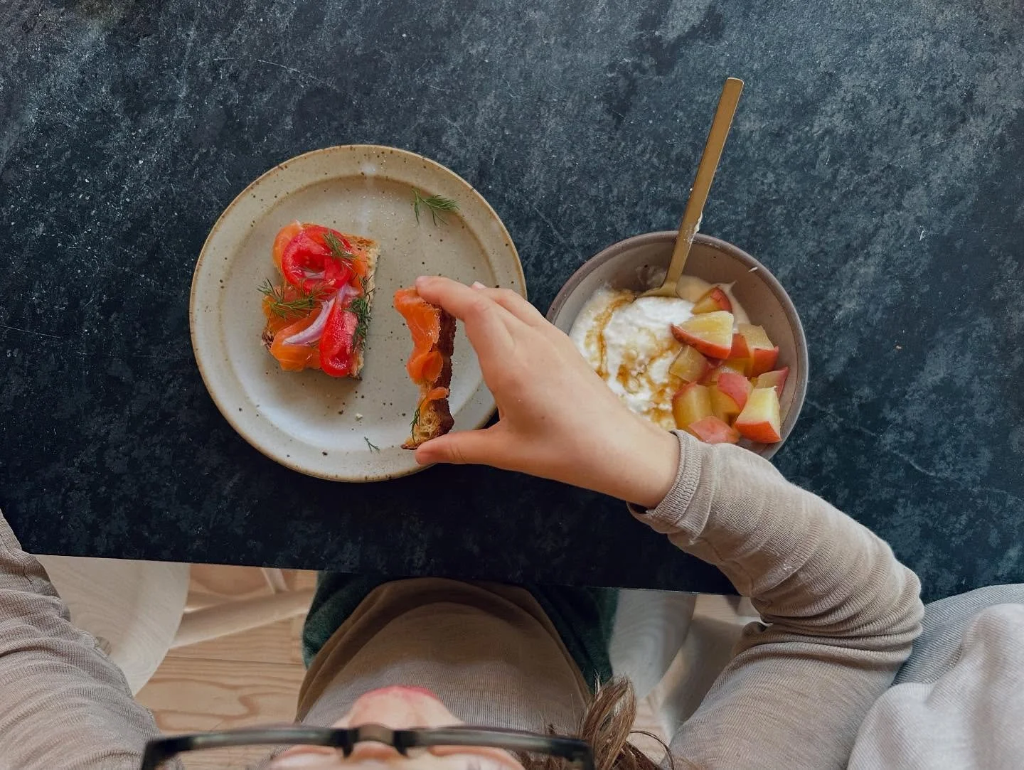It&rsquo;s a fish on toast kind of morning. Salmon or sardines on our fresh milled millet quinoa sourdough, with shallots, tomatoes and dill. And always steamed apples and pears (this morning on coconut yogurt with some local maple syrup and cinnamon