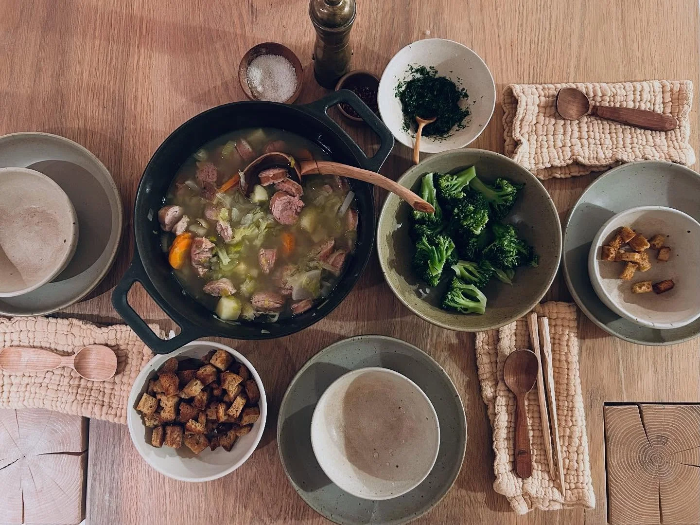 Back to my all time favorite sausage soup - tonight with cabbage, potatoes, leeks, carrots, celery and purple top turnips. Obviously topped with salsa verde and some dulse flakes and our quinoa/millet sourdough croutons. Nothing more cozy and nourish