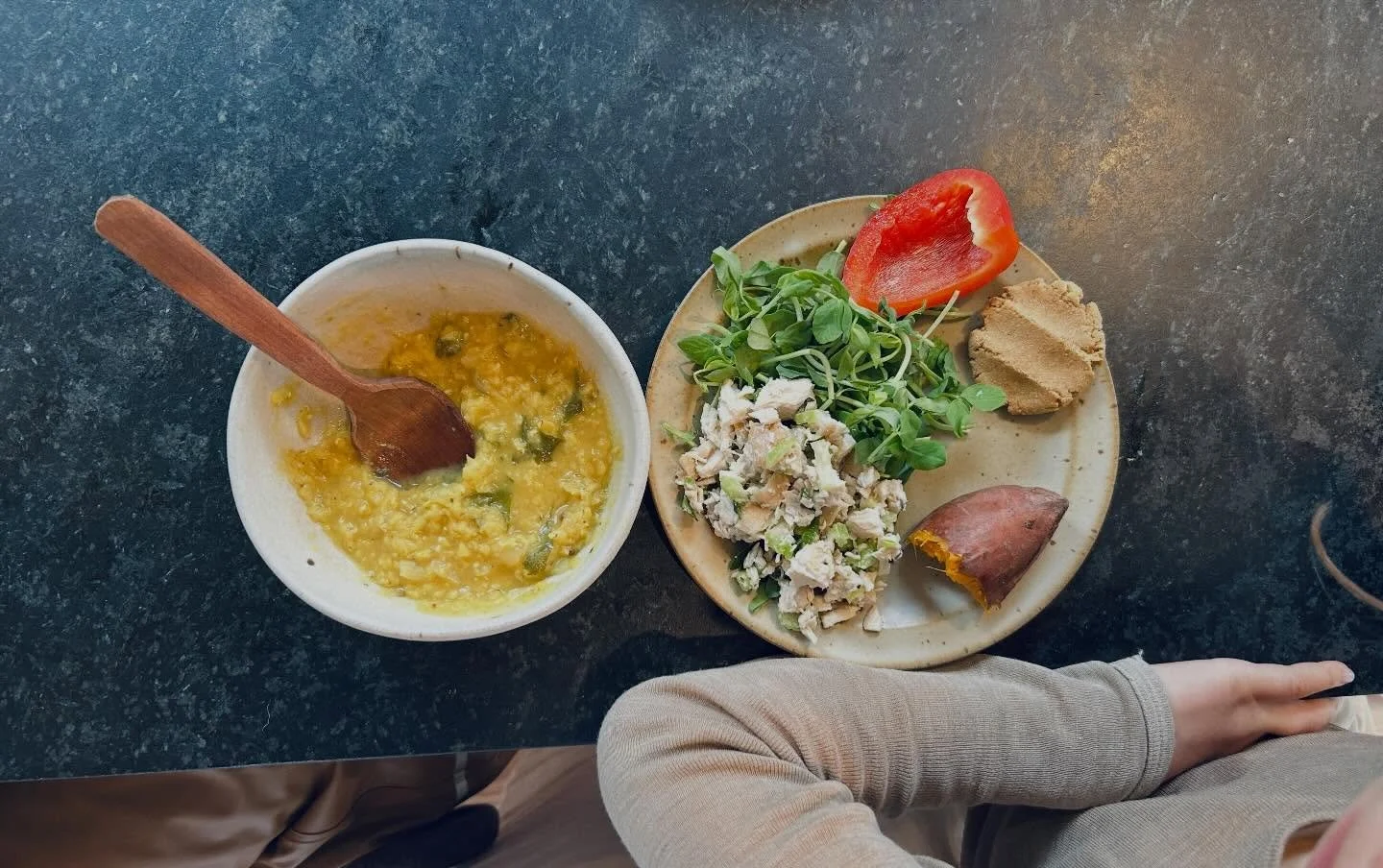 Last two recipes posted made a sweet little lunch for the girls. Added a handful of pea shoots and some red bell pepper and sweet potato for a colorful plate! #eatarainbow #nourishwithwholefoods