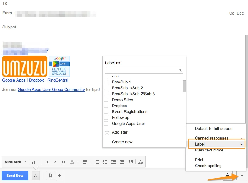 From the More menu in the Compose Window, Find Labels and select