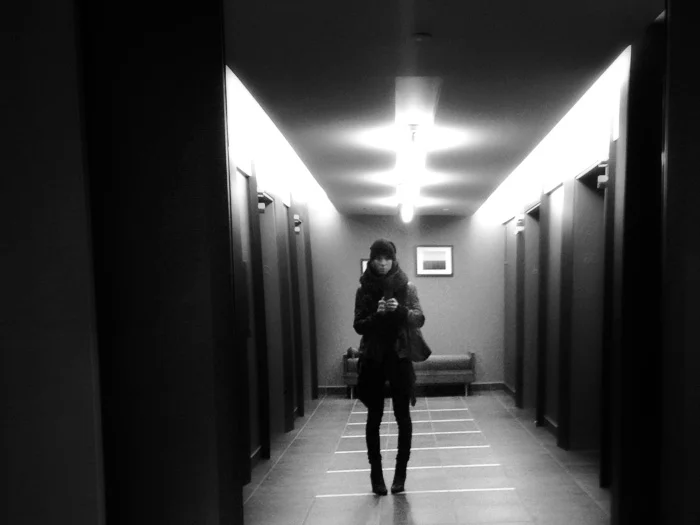 Absurdly bundled up for April taking creepy photos of myself lurking in the hotel halls...