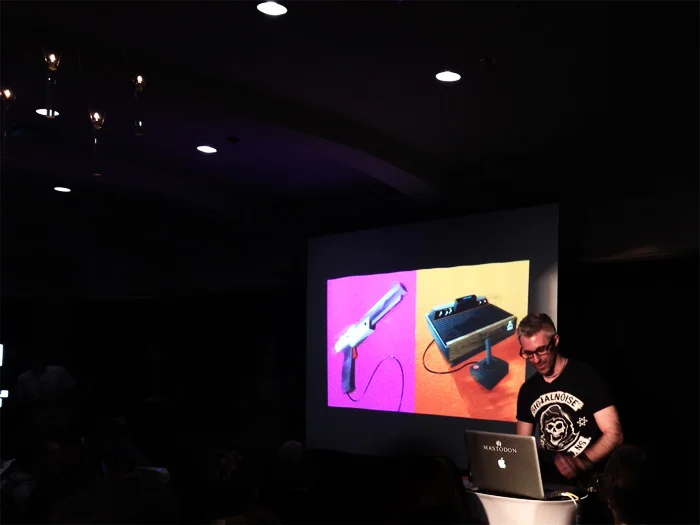 New friend James White (aka SignalNoise ) delivering one of the most awesome, high energy, high-fun talks I've ever seen, titled "Process Destroy." 