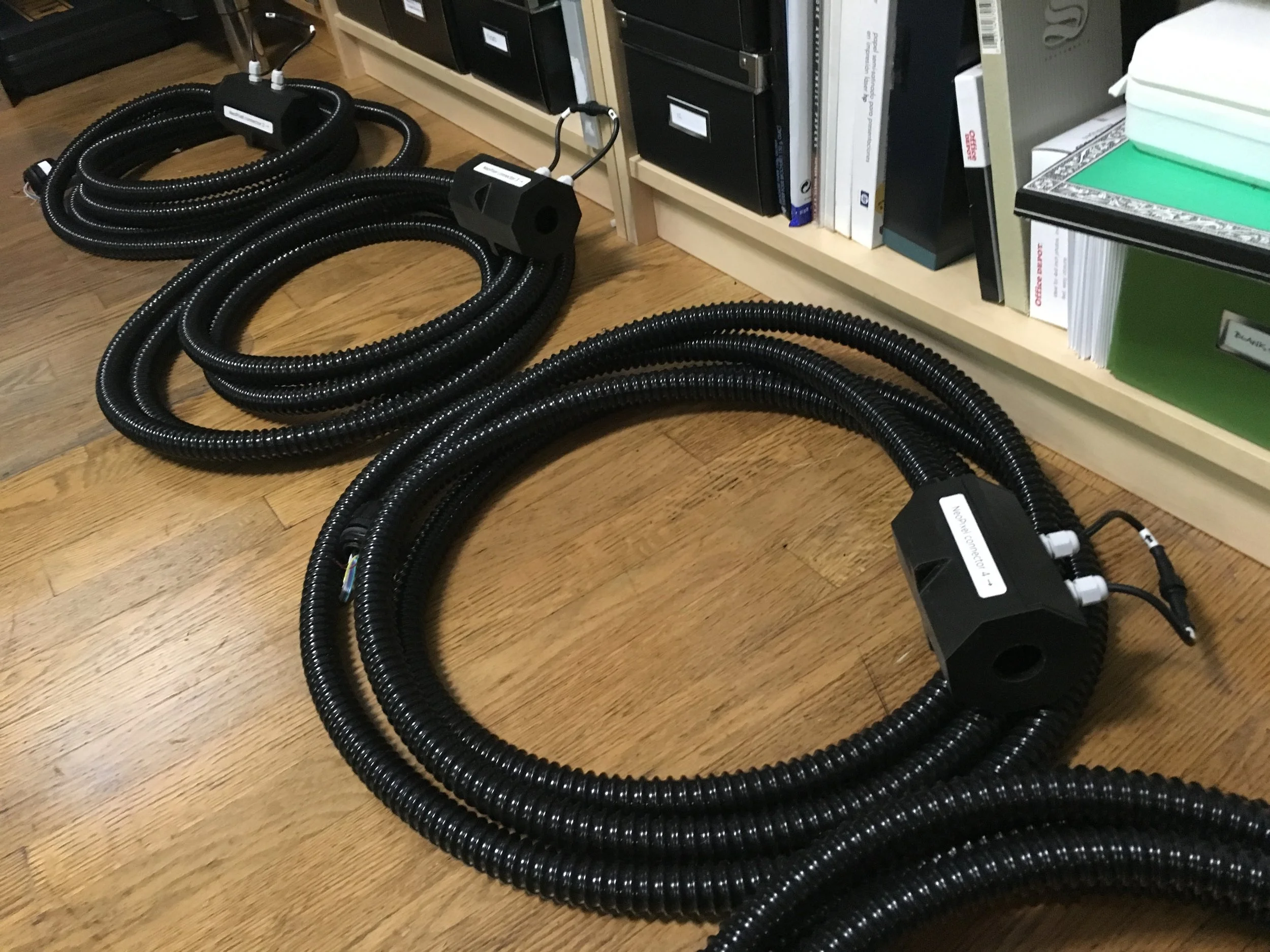 The wiring harness, disassembled for re-wiring. After assembling the first set of Witch Lights at full scale, I completely threw away and redesigned the 3D-printed housings from scratch, capitalizing on the lessons learned from 2 years of ins