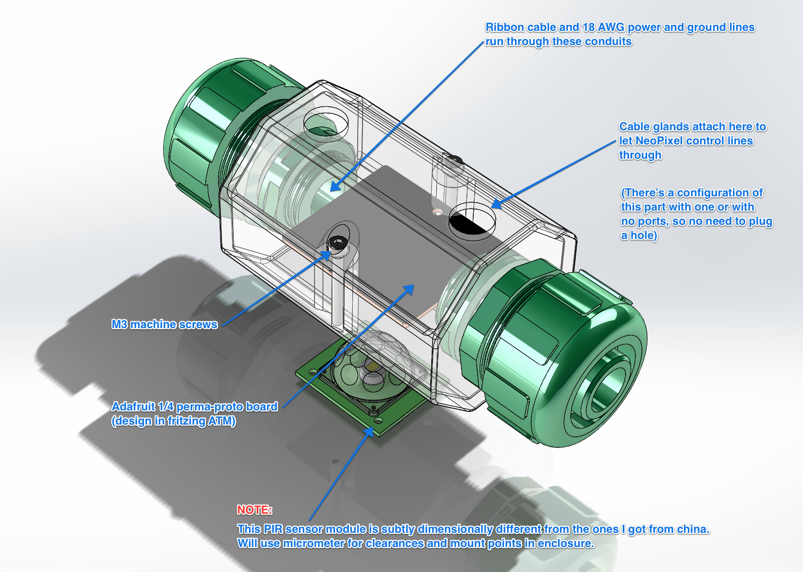 I was able to download Solidworks models of the conduit fittings I was using, and designed the housings around them, and also around the geometry of the circuit boards I was using, the PIR motion sensors, and the waterproof cable glands used for the NeoPixel power and control cables. Since I have extensive experience designing for my MakerBot Replicator (first generation) 3D printer, I designed the housings with rapid, reliable printing in mind. At each stage of the design, I made a test print. Then I refined the design based on what I learned from the test, and printed again. With print times of a few hours and very few print failures, I was able to iterate my way to a final design very rapidly, with a minimum of wasted effort.