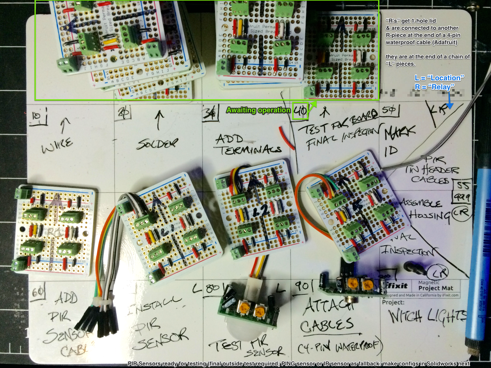 To manage constructing the circuit boards, I adopted a cross between a Kanban and a shop traveler to control the process. This made sure none of the boards made it into production without having gone through quality control checks.