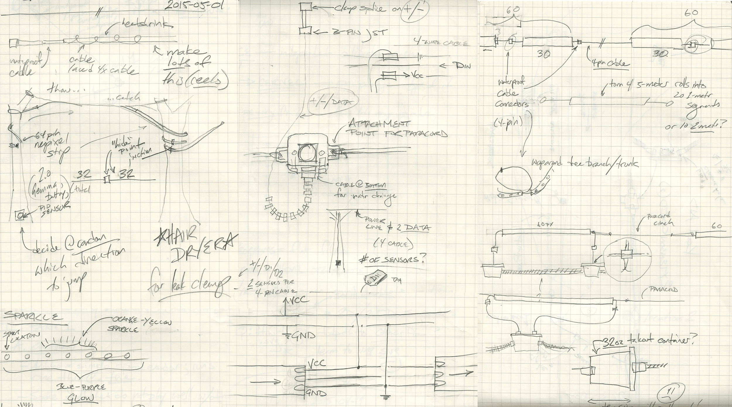 Once I settled on the idea of a will-o-the-wisp running along a long strip of NeoPixel programmable LEDs, I began work on tackling the different engineering problems posed by installing, powering, and protecting the lights in the woods. Where would