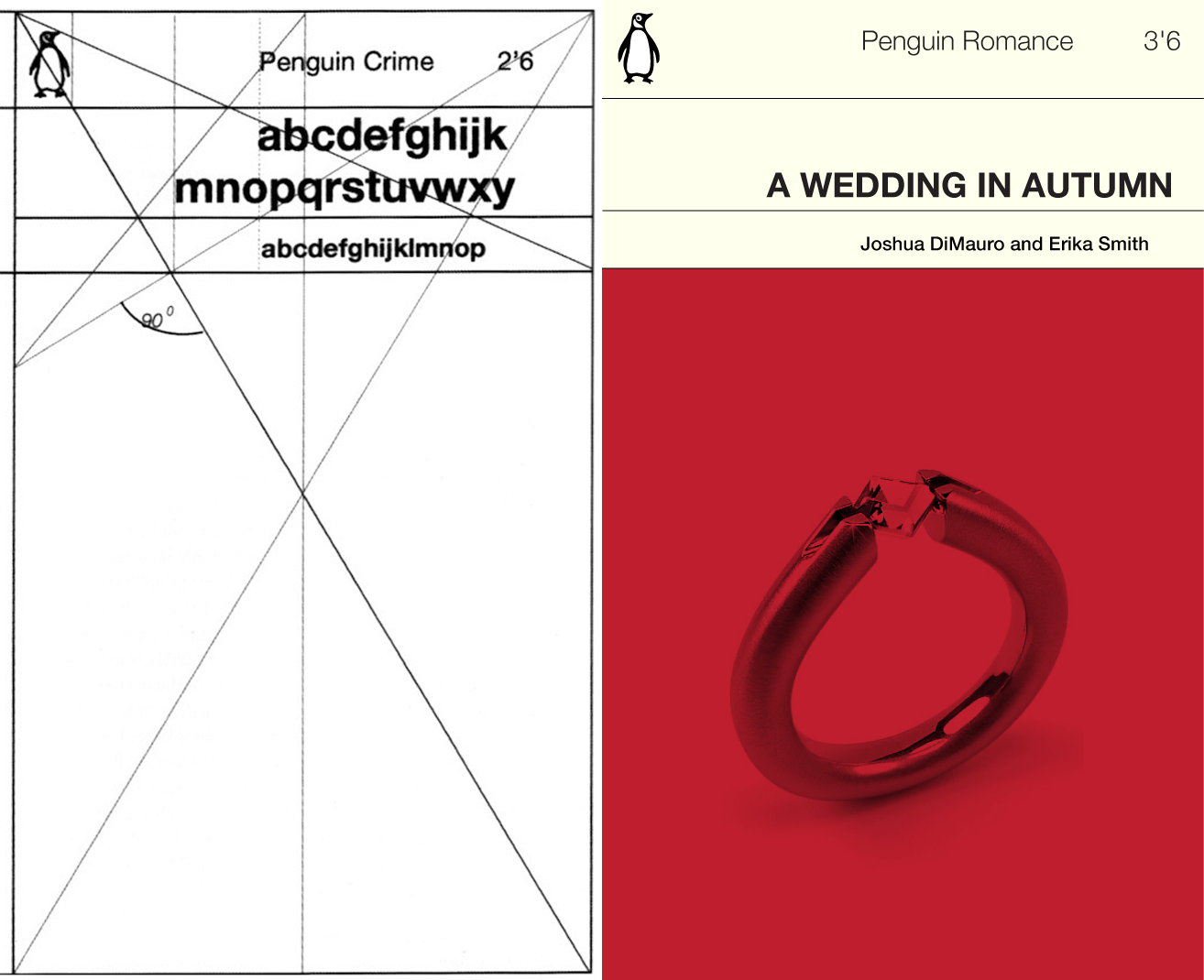 I explored a number of different designs. Above, an experiment in making fake paperback book covers modeled after the famous Penguin Books Marber Grid . We didn't pursue this one much further, because the design of the cover didn't really inspire the rest of the elements needed, such as the date, directions, RSVP card, etc. It was kind of an isolated thing. 