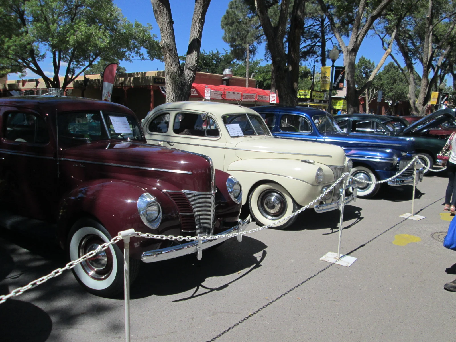 The maroon car is Lou and Mary's 1940. The cream cart is Jeff and Beths 1941. And the blue car is Jim Kontney's 1946 Merc