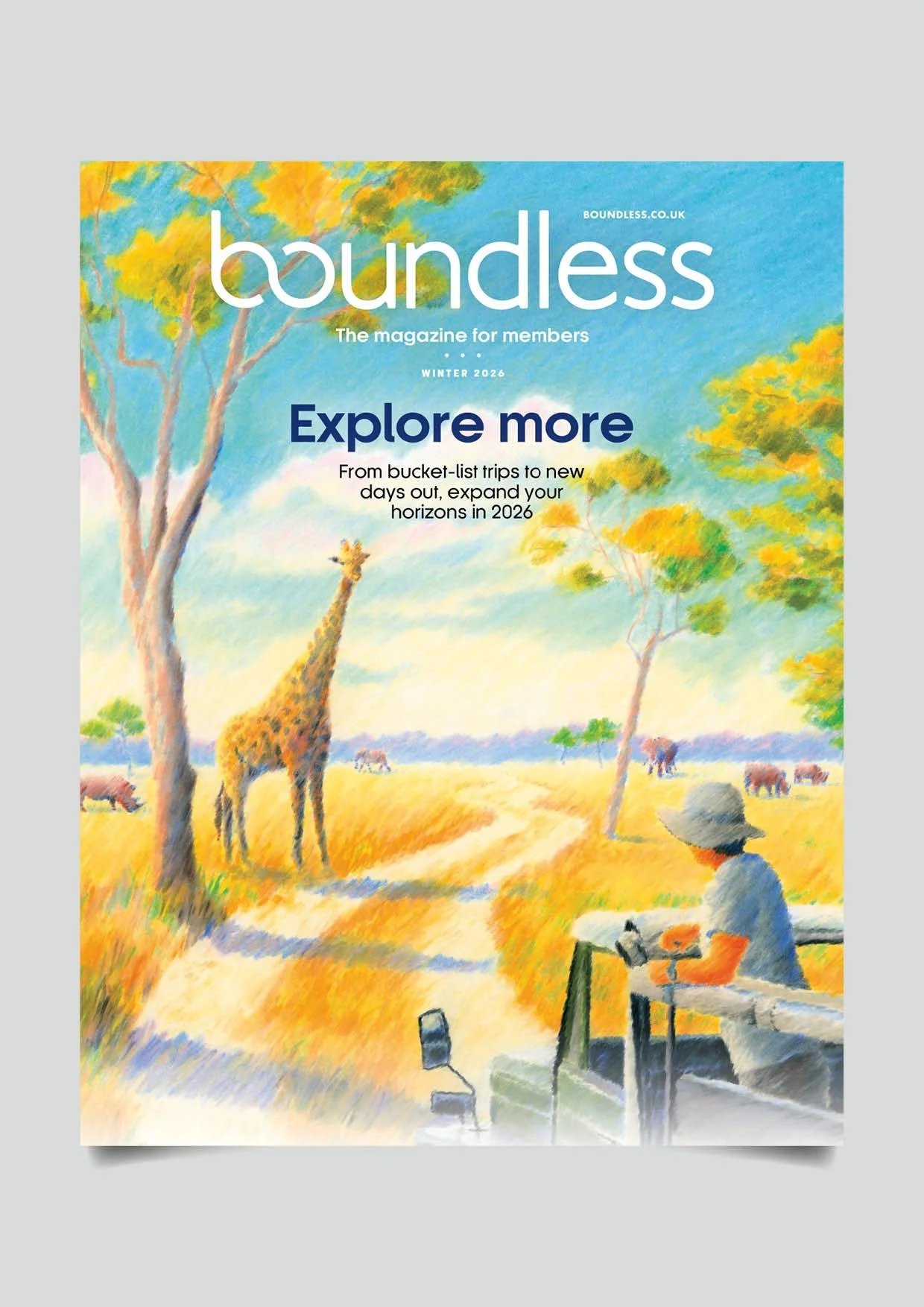Boundless Magazine cover design with an illustrated cover of a safari scene