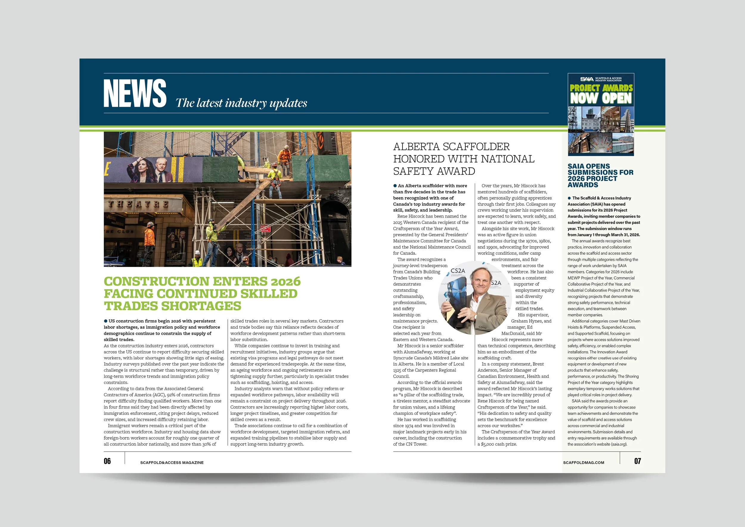 Editorial design for the trade magazine SAIA for scaffolders and construction workers in the US