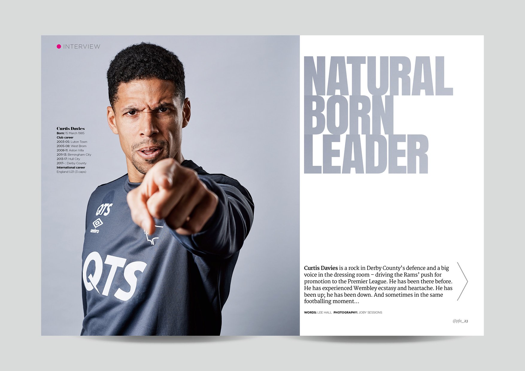 Magazine spread of Curtis Davies for the Professional Footballers Association magazine