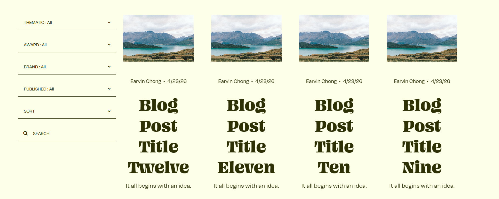 [Screenshot C — Universal Filter live on a real blog page: multiple dropdown filters, sort by title  + search field on the left of the blog grid]