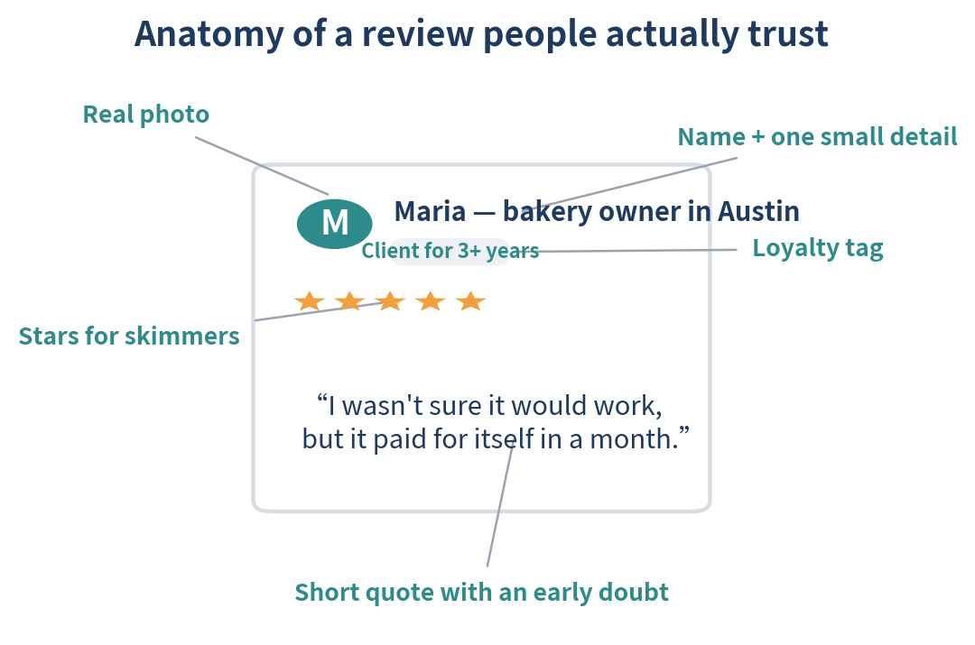 Annotated testimonial card showing photo, name and detail, loyalty tag, stars and a short quote