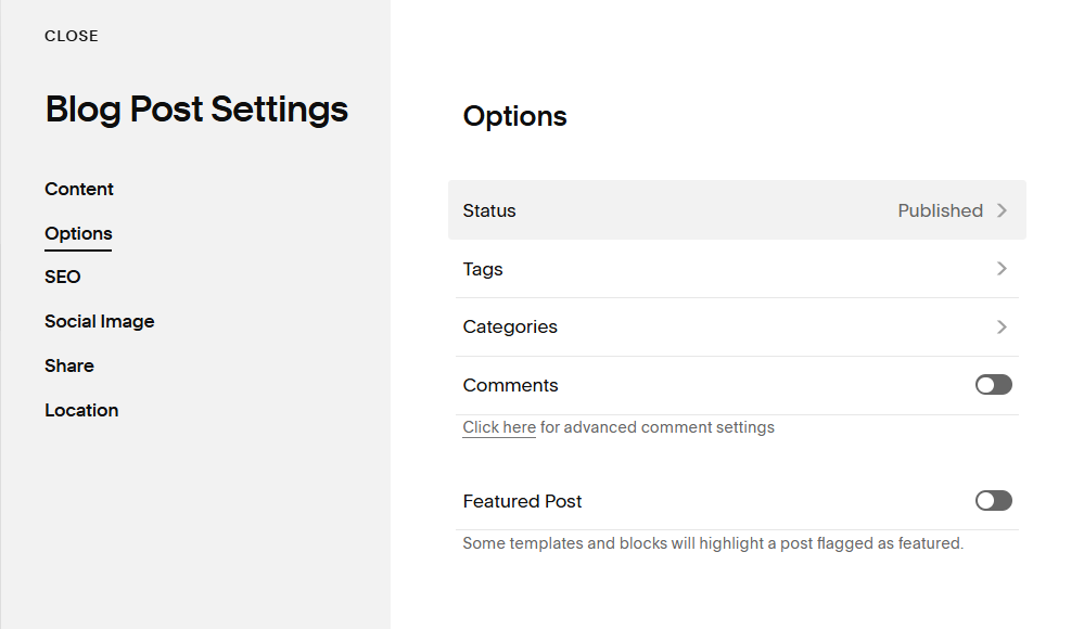 Screenshot A — Squarespace blog post editor showing Categories/Tags fields