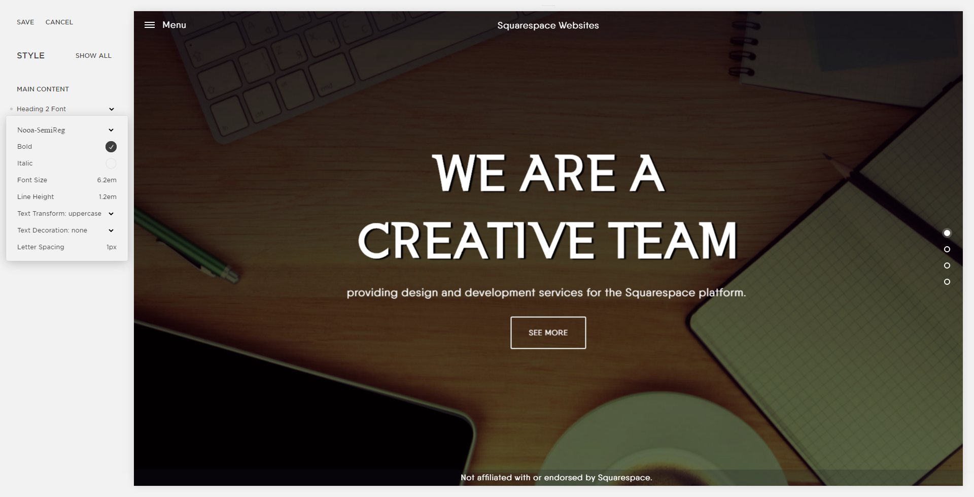 Adding custom fonts to Squarespace: Using custom font Settings