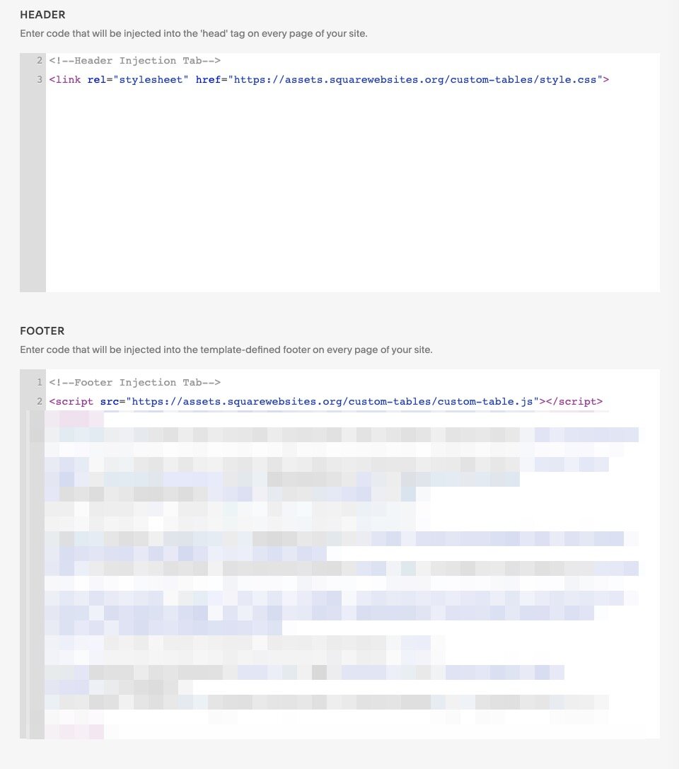 Squarespace Custom Table Block — Squarewebsites Plugins