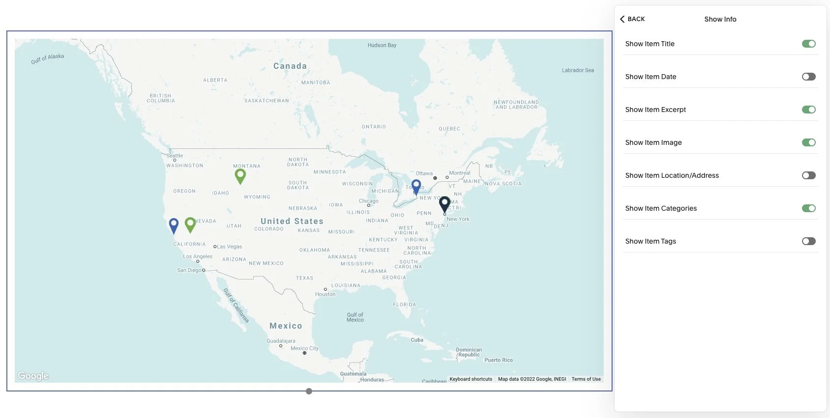 Show or hide Item Title, Date, Image, Address and other details on your Squarespace with the Advance Map Block.