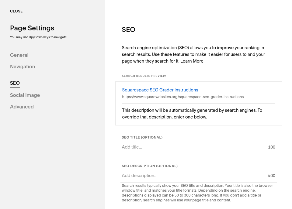Squarespace Page Settings SEO Tab