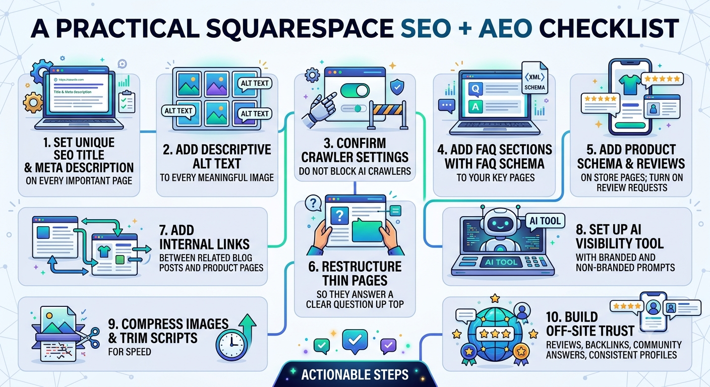 An infographic for a 10-item checklist for Squarespace SEO + AEO