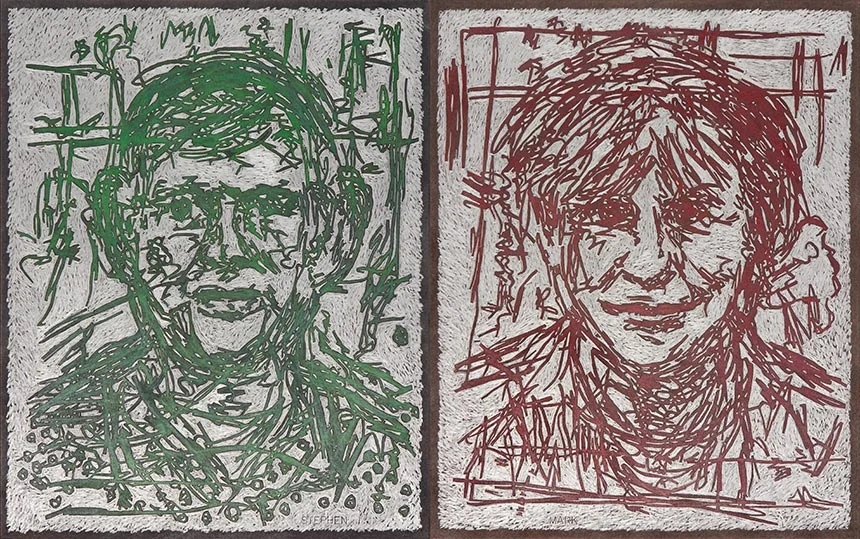 Stephen and Mark   Colored pencil, watercolor and ink on board, 20" x 32", 2016