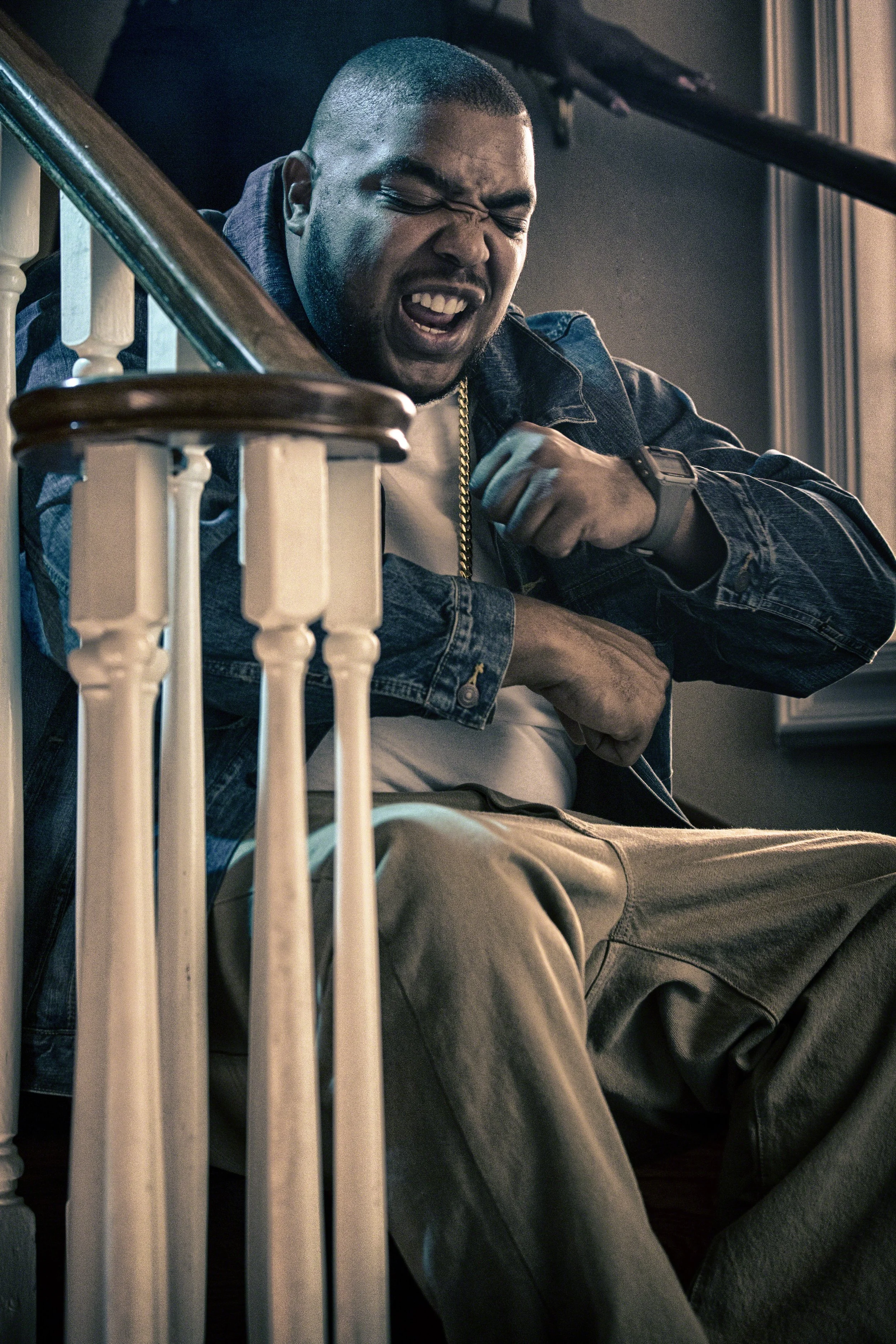 Emotive Portrait on Staircase with Cinematic Lighting