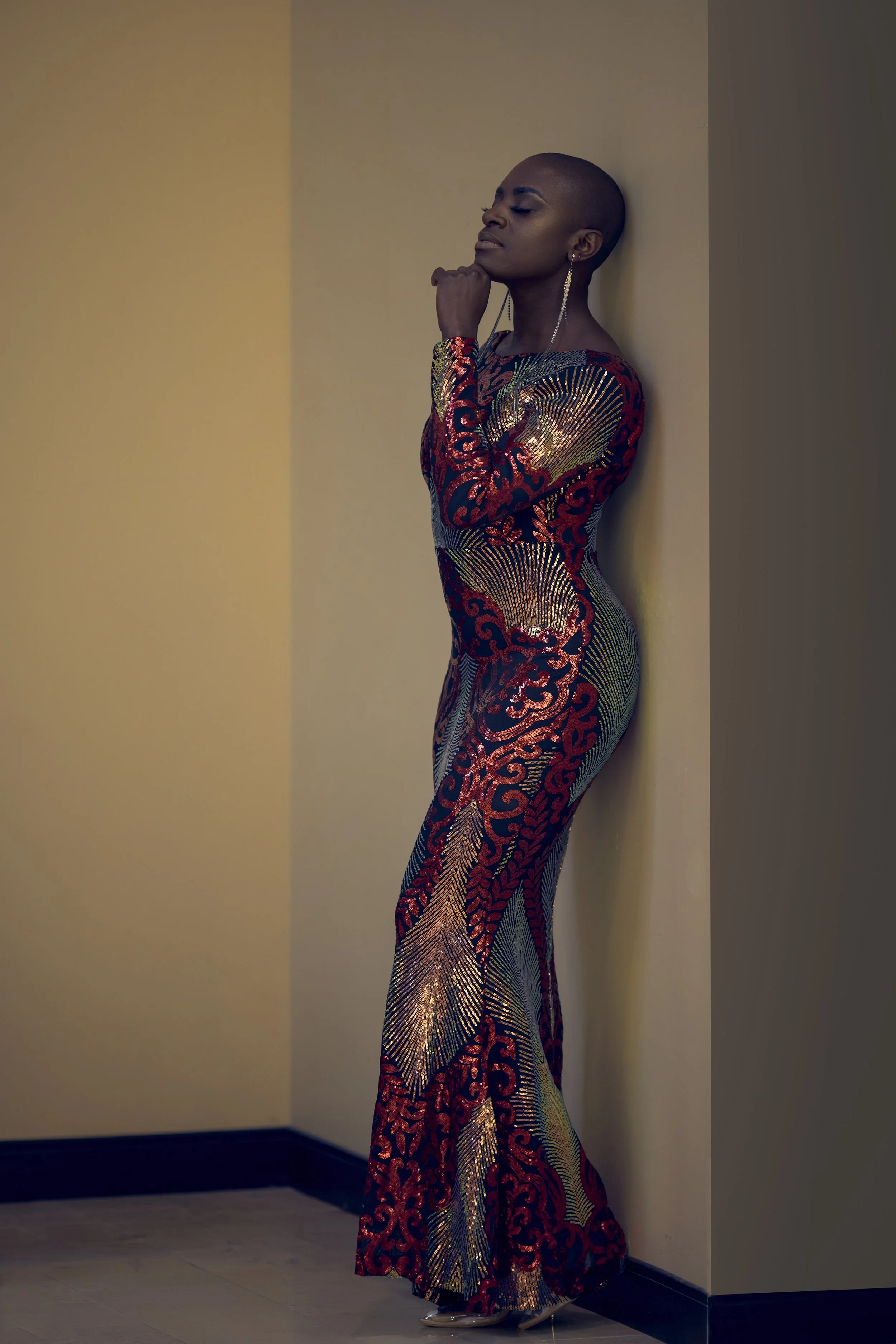 Full-Length Fine Art Portrait in Red and Gold Sequined Gown
