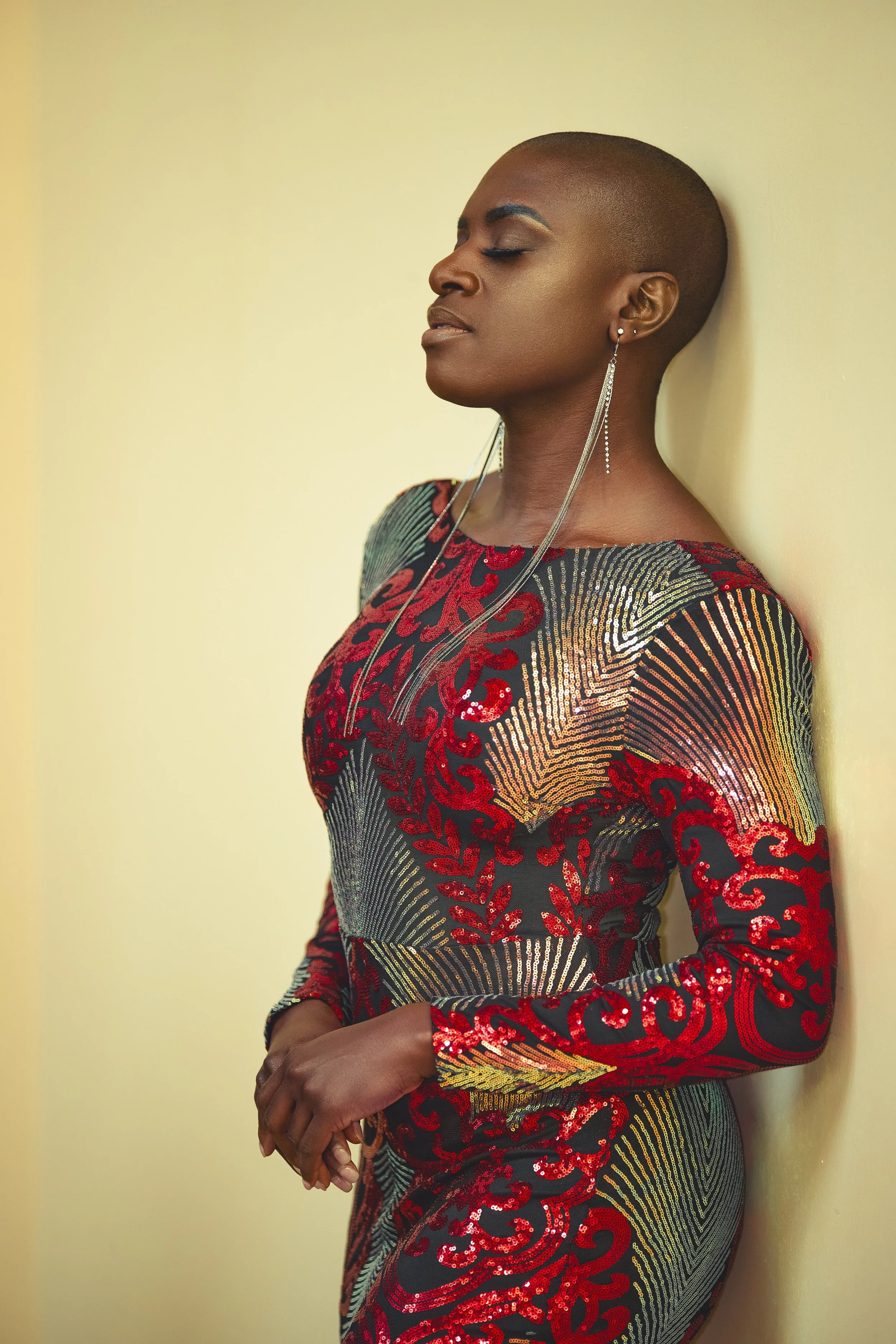 Close-Up Portrait with Sequined Dress and Emotive Expression