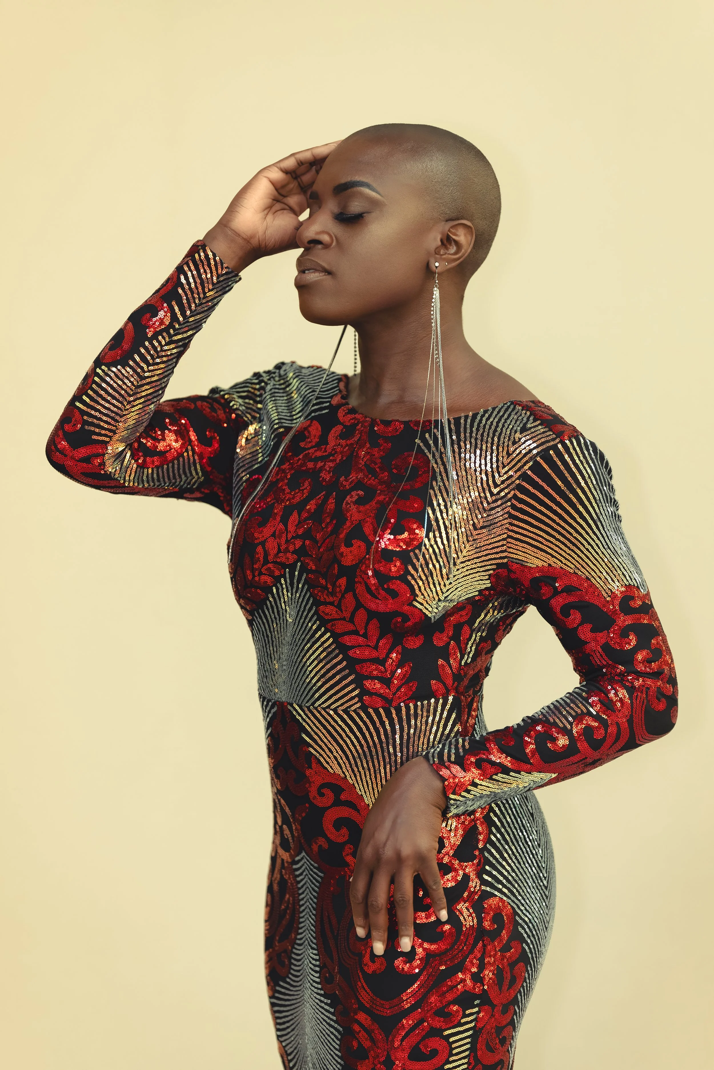 Editorial Fashion Portrait with Sequined Dress and Poised Expression