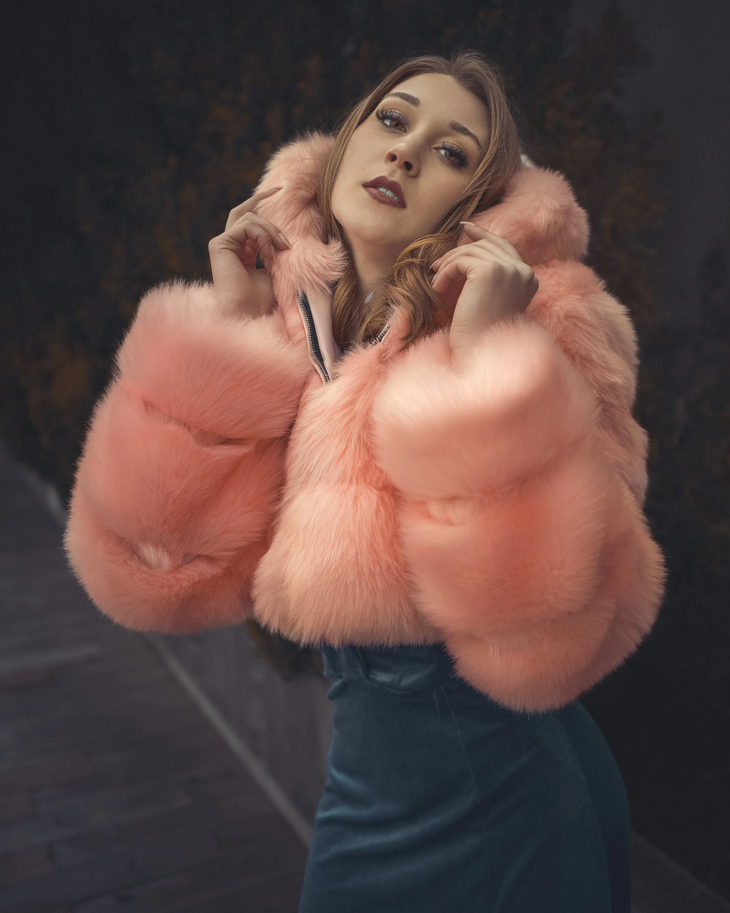 Editorial Fashion Portrait with Pink Fur Coat