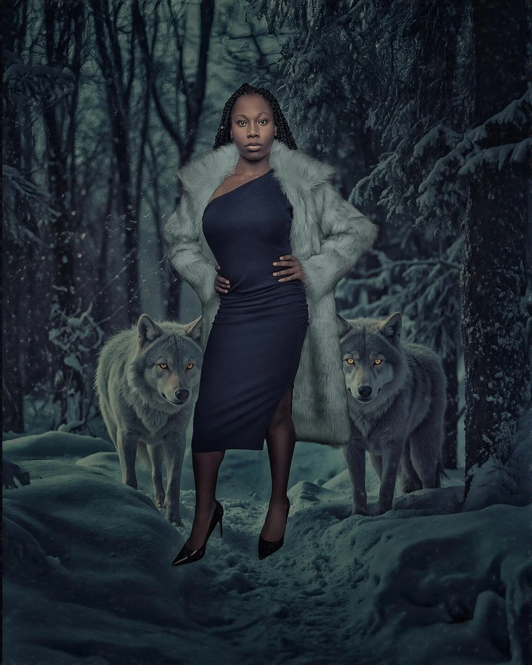 Empowering Fine Art Portrait with Wolves in Snow-Covered Forest