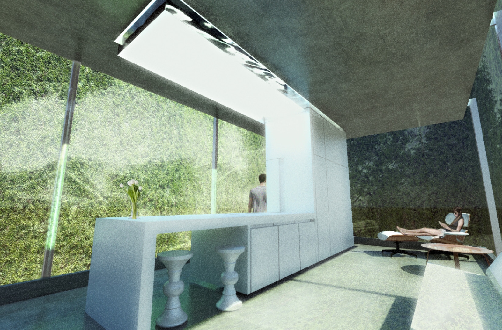 A roof pond, acting as a skylight and also a collector of rainwater and grey water, would irrigate the hedges. 