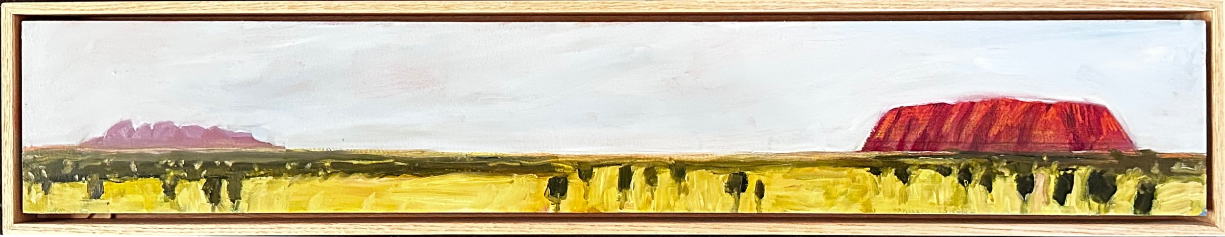 Between some rocks and a sacred place - Kata Tjuta and Uluru. Oil on board, Floating Frame 900x150mm $950
