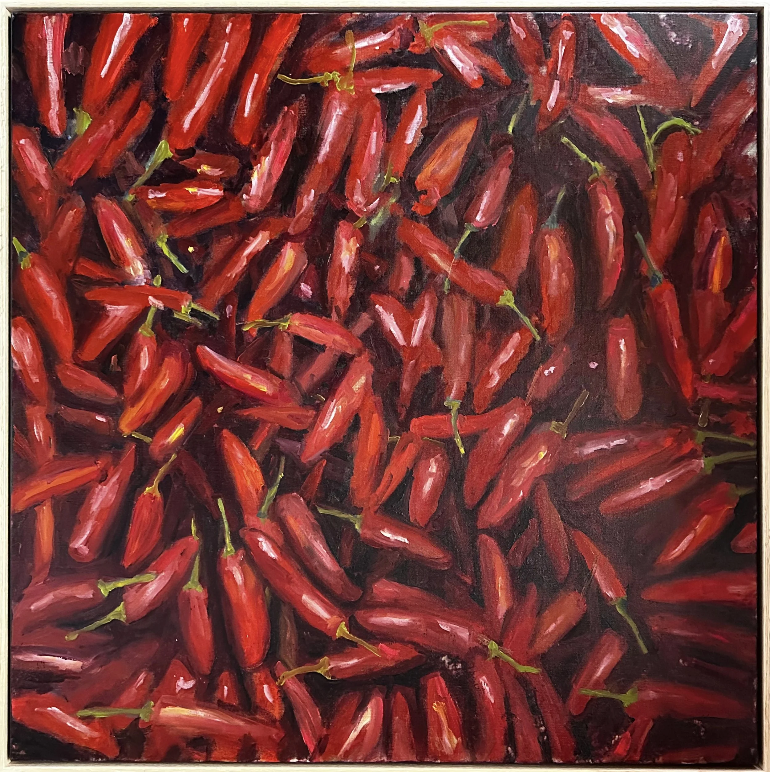 Chilli Can Canvas, Oil on Linen, Floating Frame 900x900mm $2500.