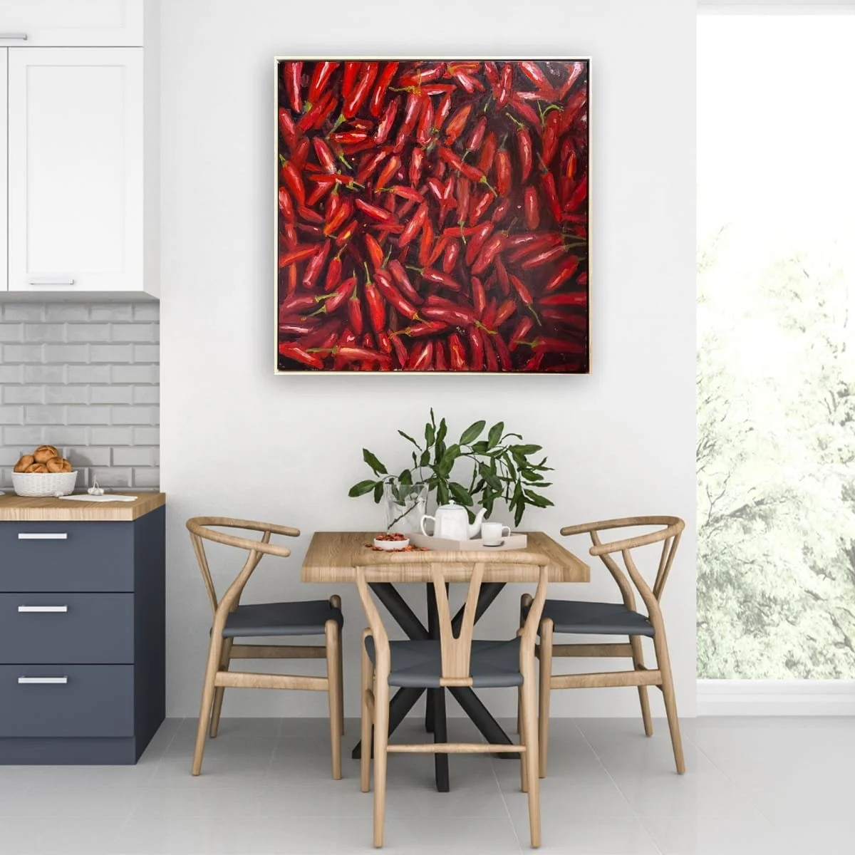 Chilli Can Canvas, Oil on Linen, Floating Frame 900x900mm $2500.