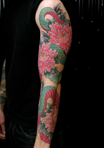Colorful Peony Flowers With Snake Tattoo On Girl Left Shoulder By Jason  Vaughn