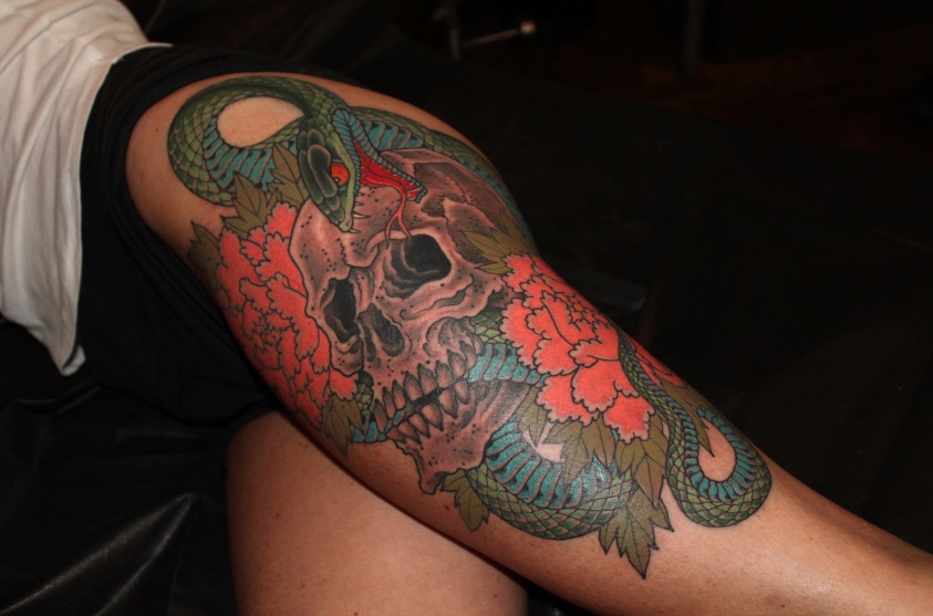 Skull Snake and Peony tattoo for Jennifer  Chris ODonnell Tattoo