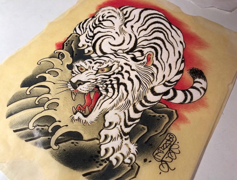 Traditional Japanese Tiger TattooTiger Sticker Tattoo Design Stock Vector   Illustration of drawn horoscope 184671848