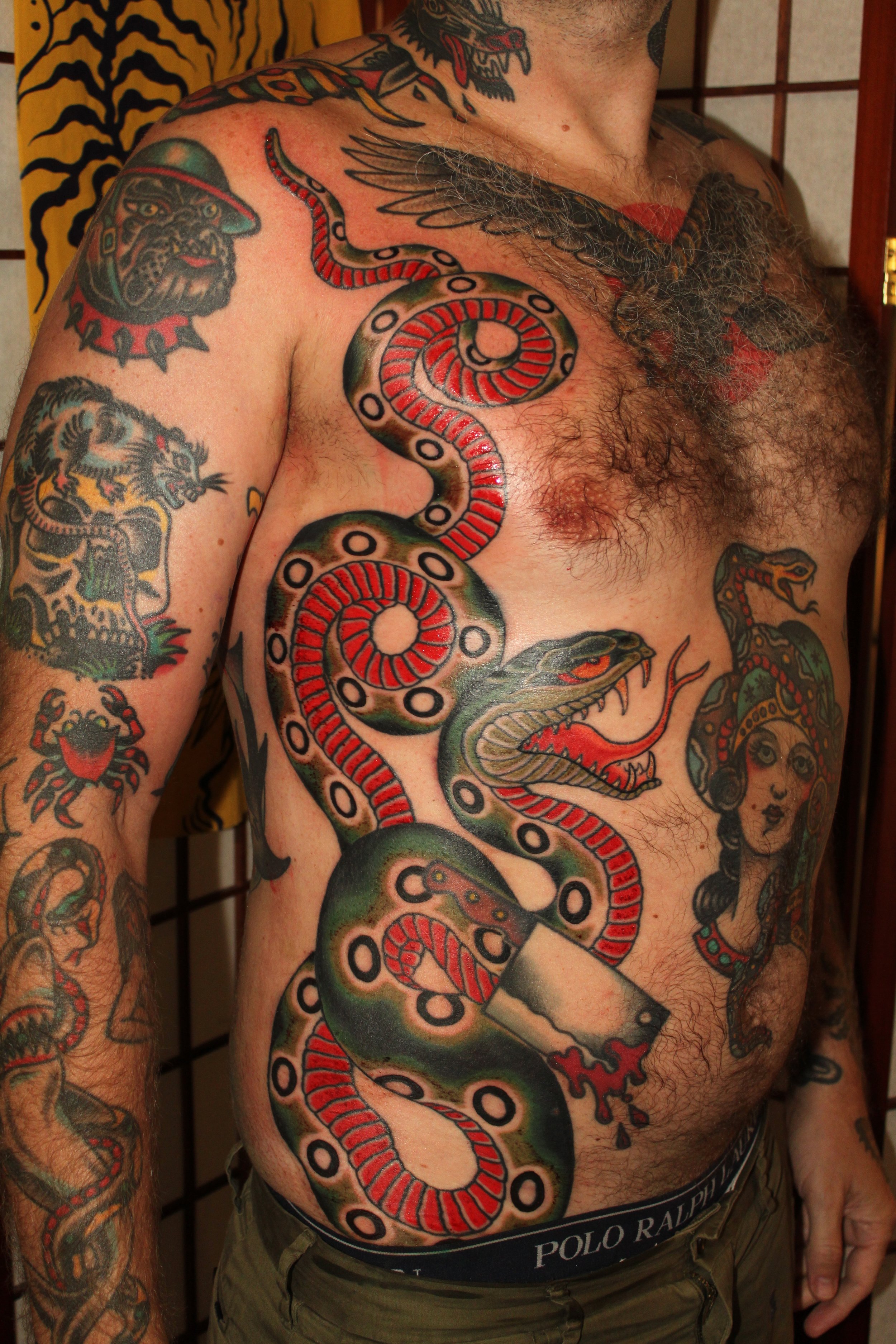 Shoulder Snake Chest Old School Tattoo by Analog Tattoo