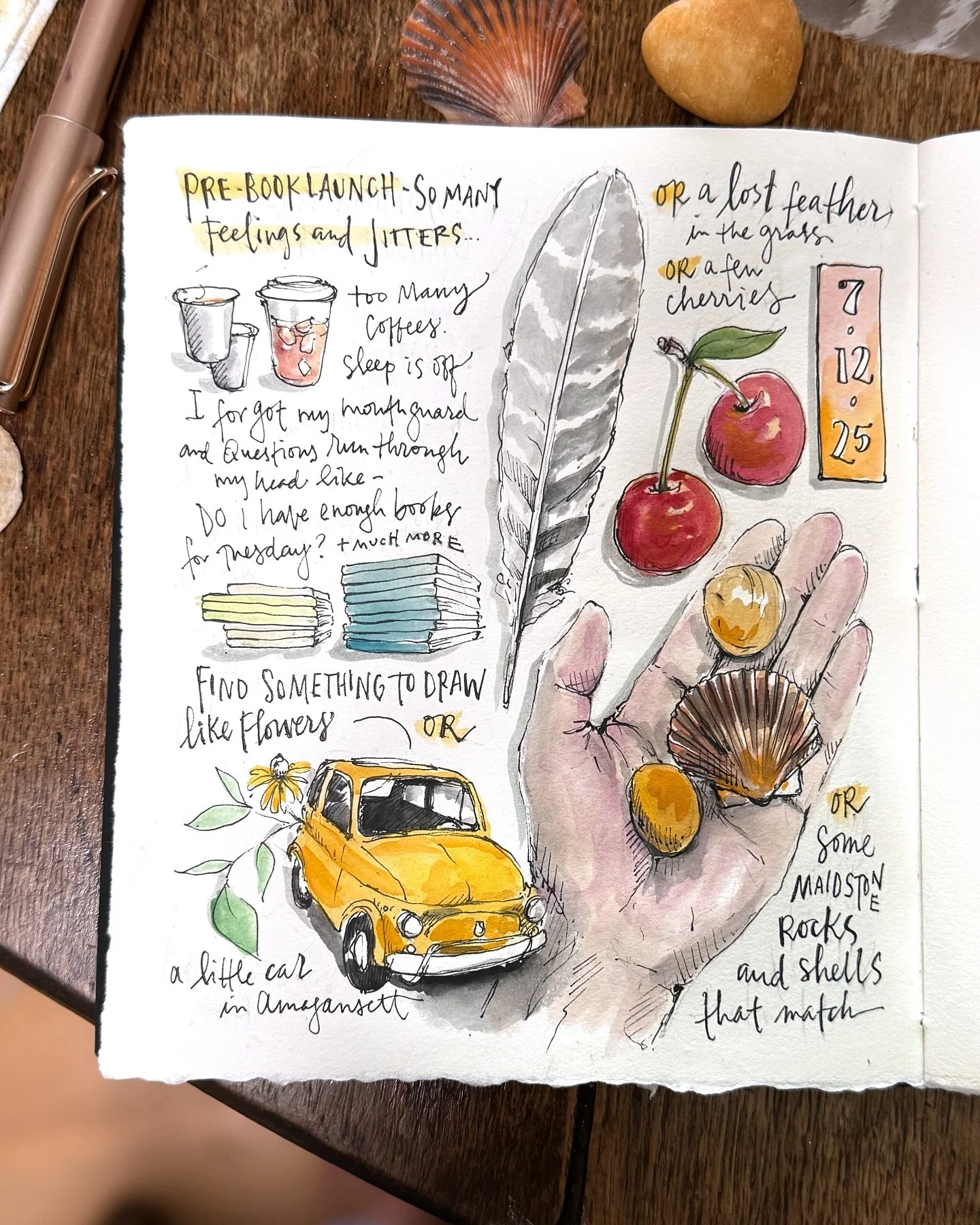 Finding things to draw to calm the nerves like a little yellow car, a lost feather, some summer cherries, and shells and stones that match. 
🐚💭🪶✍️ 

#sdionbakersketchjournal #drawyourday #drawyourworld #drawyouradventures #drawyourdayswithsdb