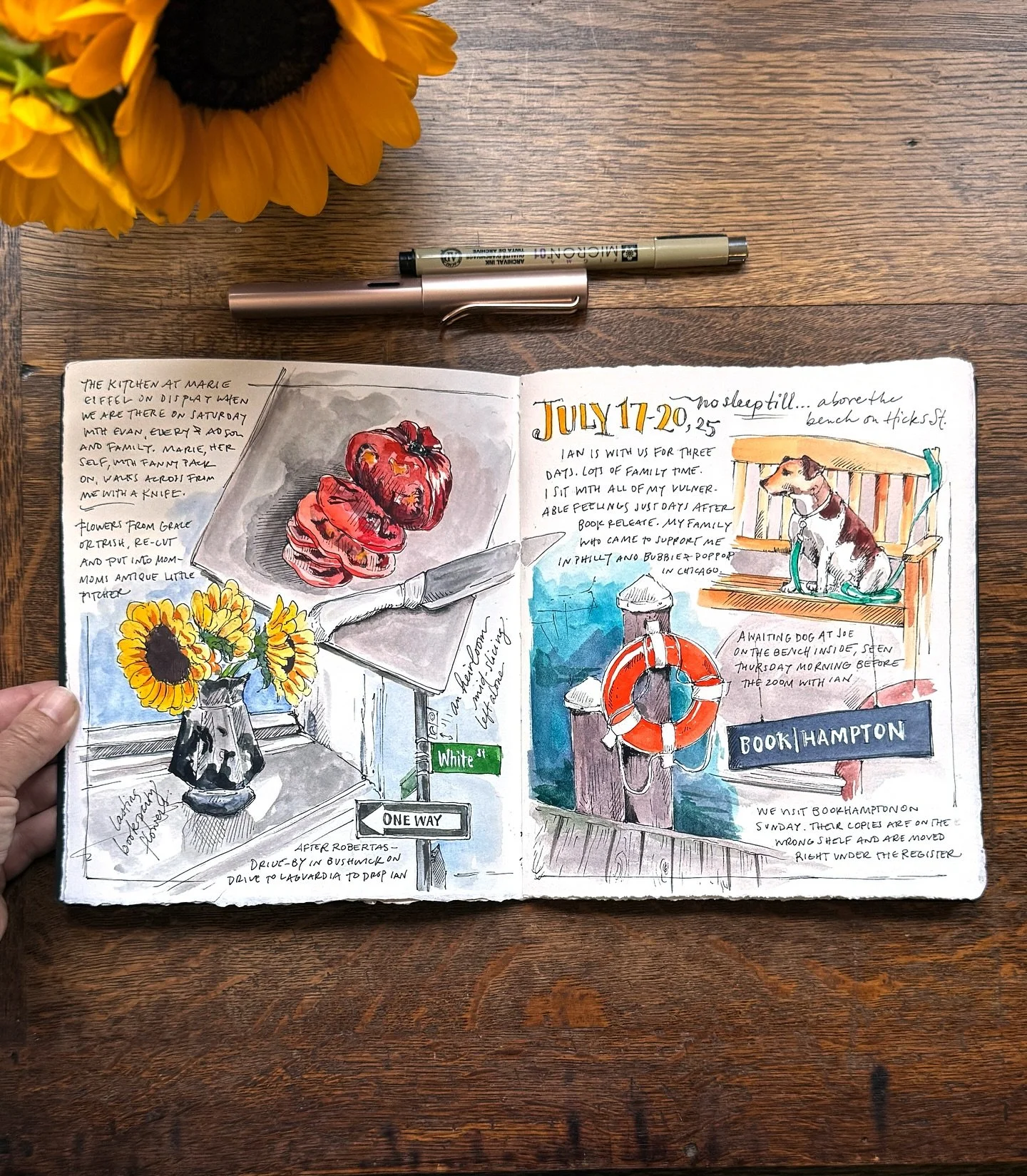 A new spread in my current sketchbook that shares a few random things from this past week. Fully drawing my adventures was a nice reminder to use my own advice and a few of my prompts. I also share at the end how my sketchbooks are handmade and cut t