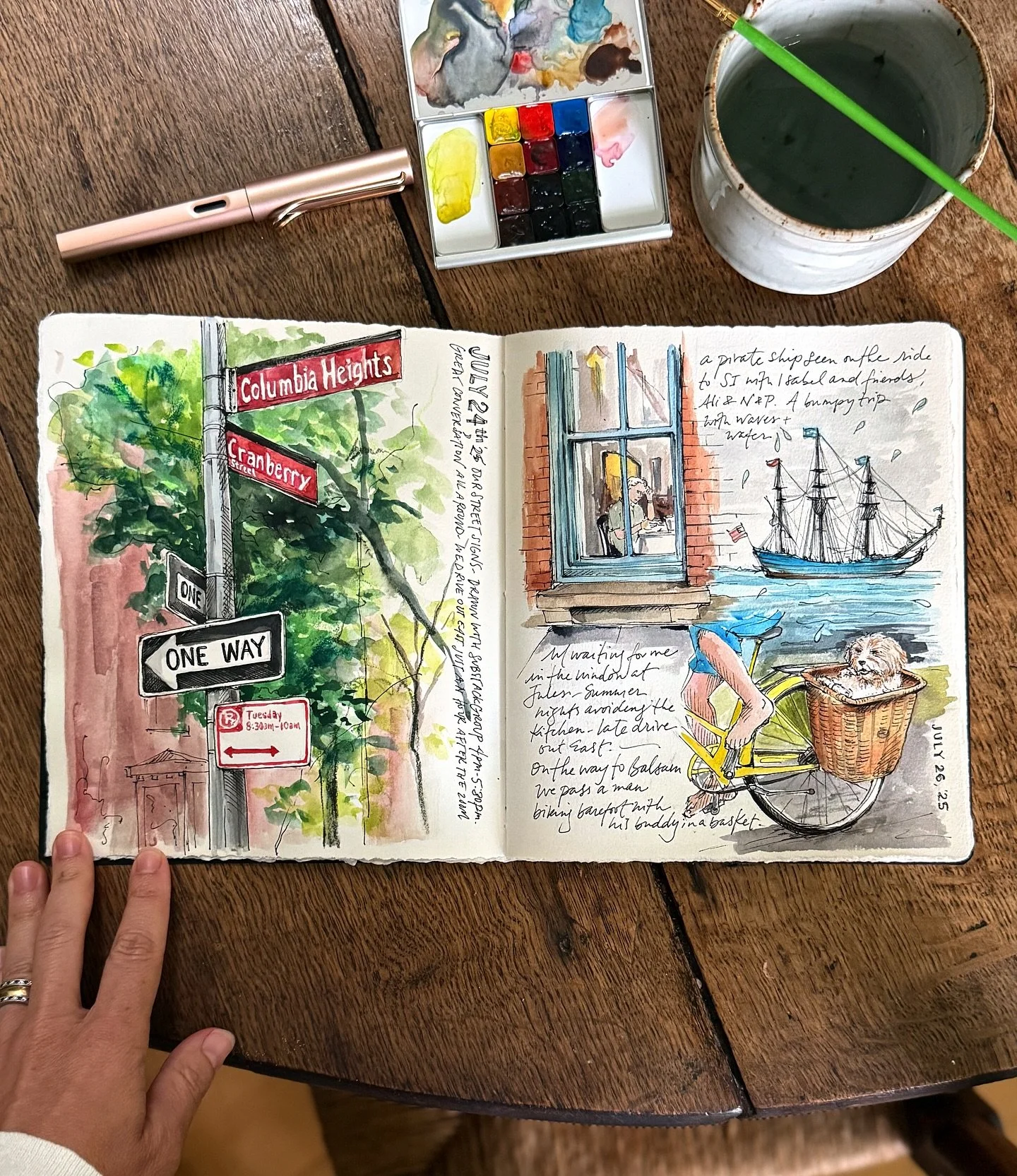 Another spread that shares some memories and moments from Brooklyn to Springs. Our local street signs, my husband waiting through a window, a barefoot biker with a dog friend in his basket, and a pirate ship seen in the distance. 
#citytocountry #dra