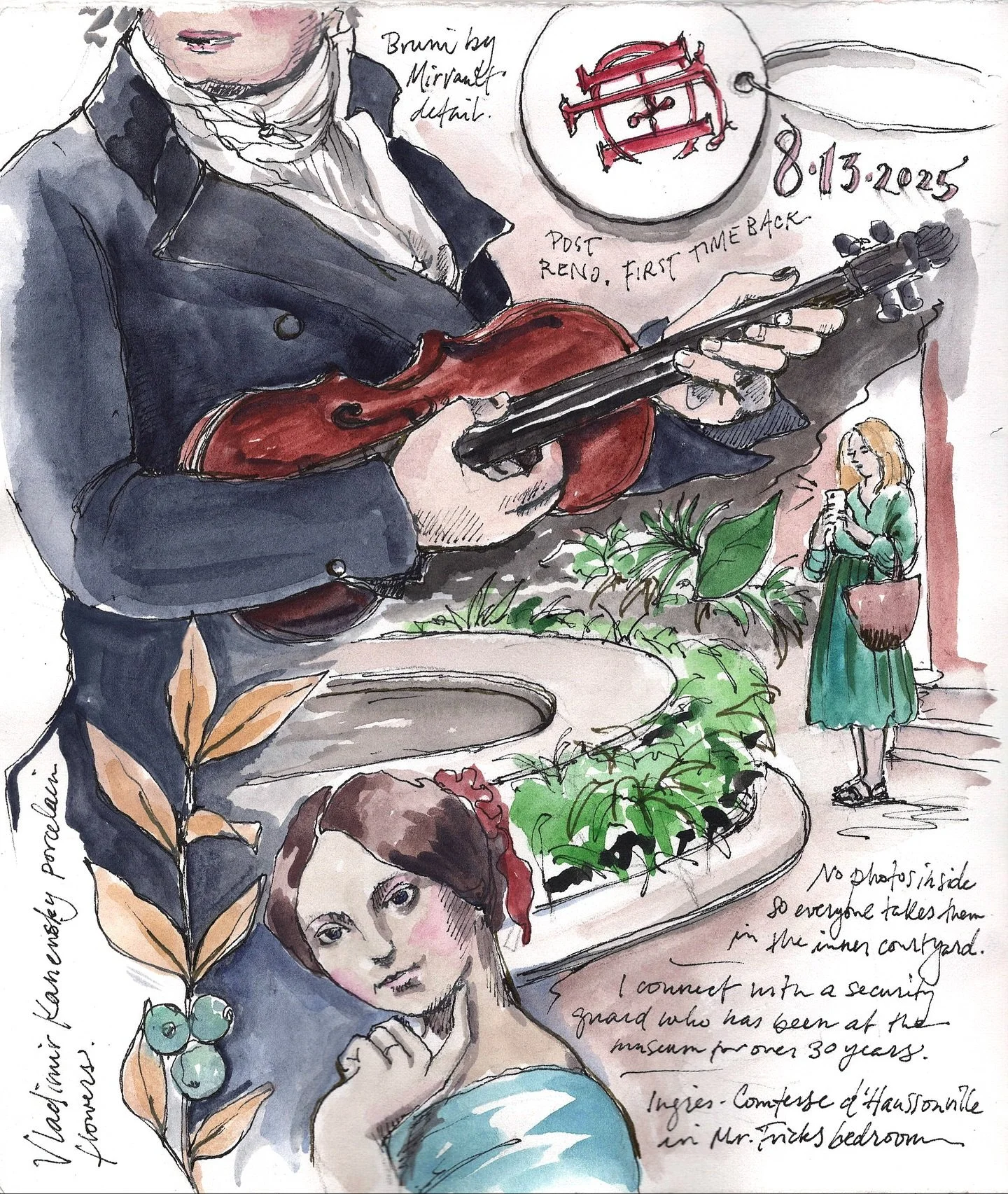 Museum sketchbook page from my visit to the restored and renovated Frick Collection. I sketched in the courtyard, and finished the page this morning at home. What a beautiful place with many good memories. Loved being able to go into some of the room