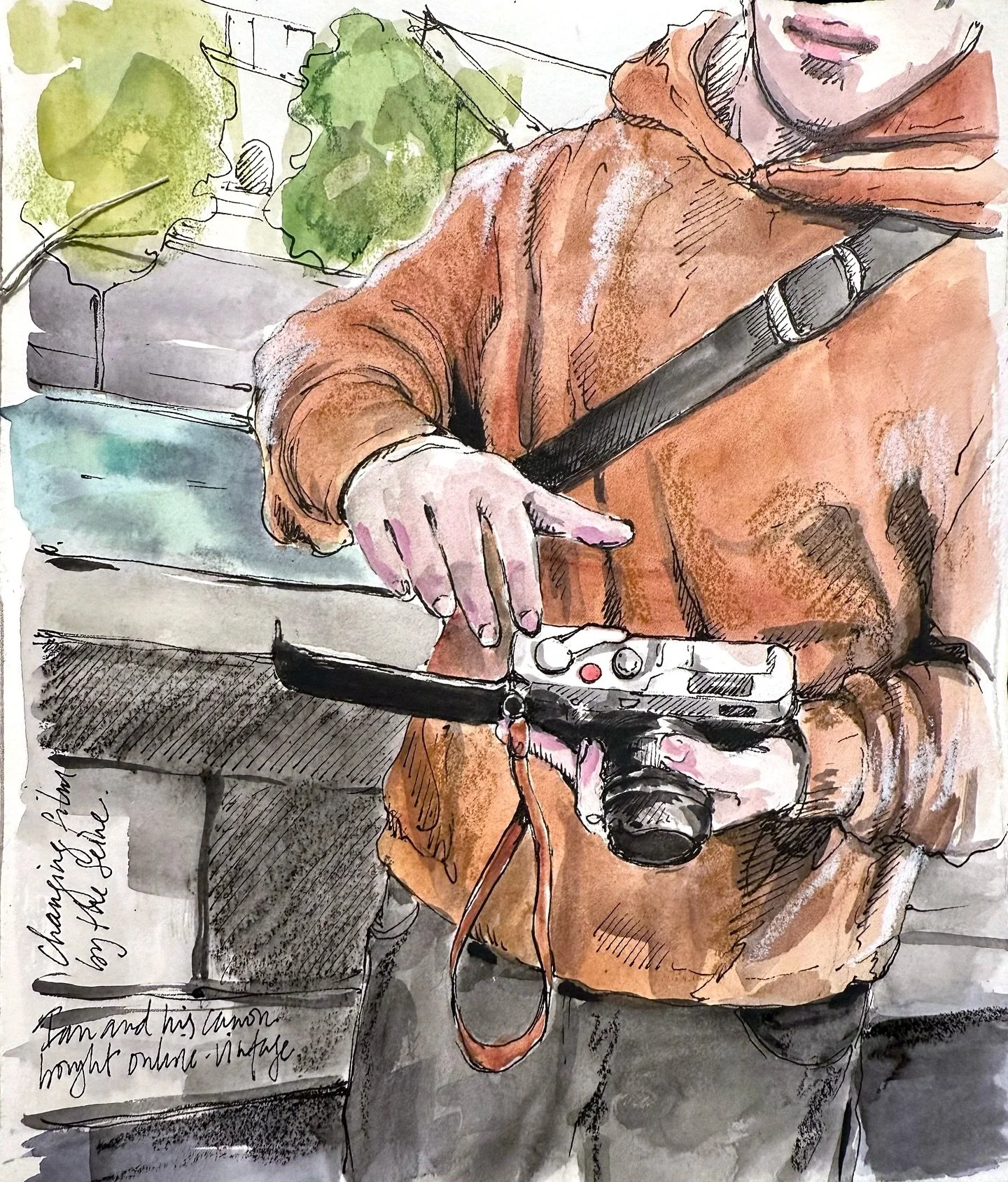 My son changing film by the Seine in Paris. He shot five rolls while we were there. I miss the unknown and anticipation and can&rsquo;t wait to see what he captured. #drawyourday #drawyourworld #drawyouradventures