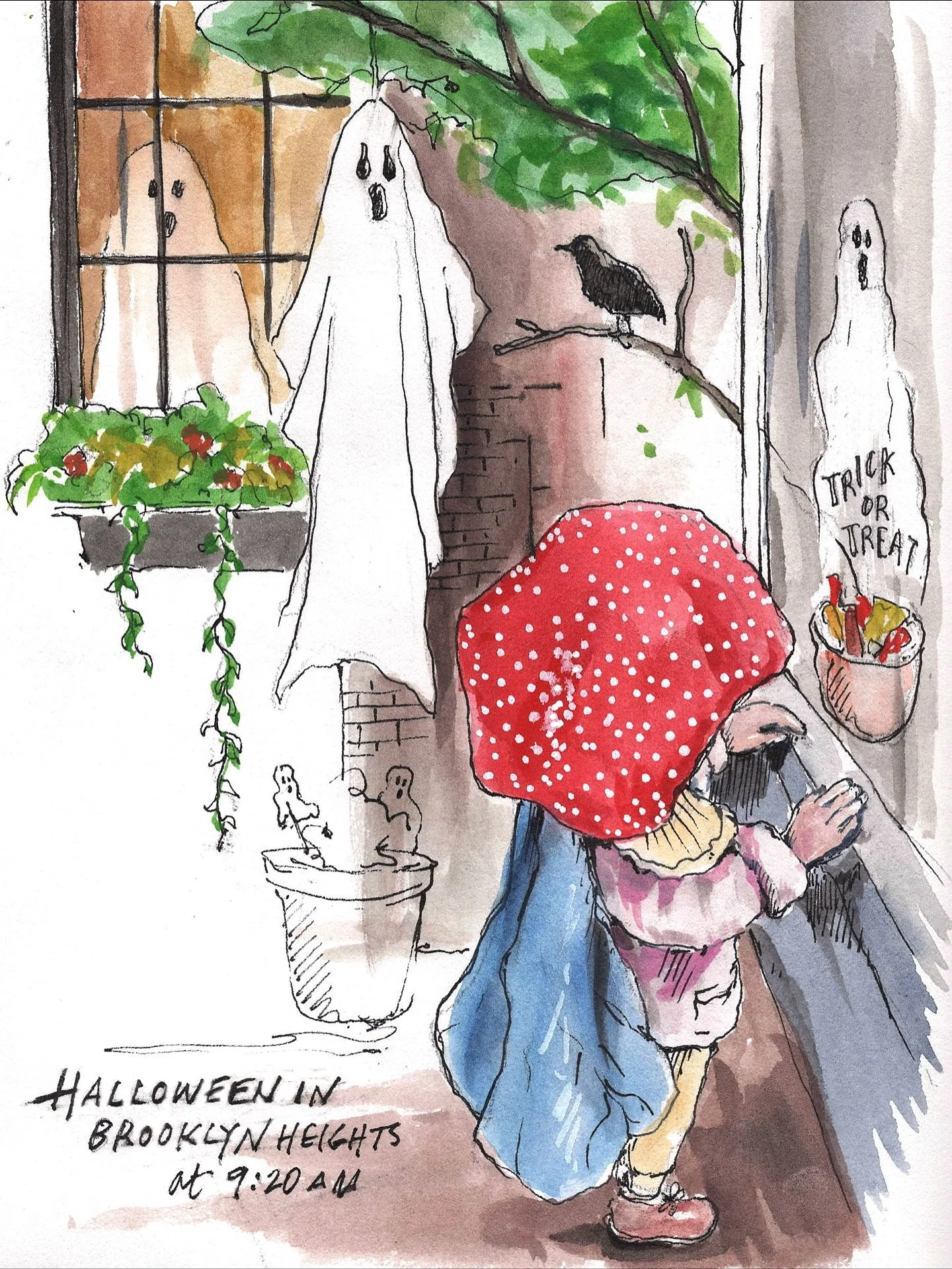 Brooklyn Heights is one of the best places to be on Halloween. So many adorable little costumes out this morning, and the houses are totally decked out&mdash;ghosts are everywhere 👻 It&rsquo;s such a welcome burst of joy.

#drawyourday #drawyourworl