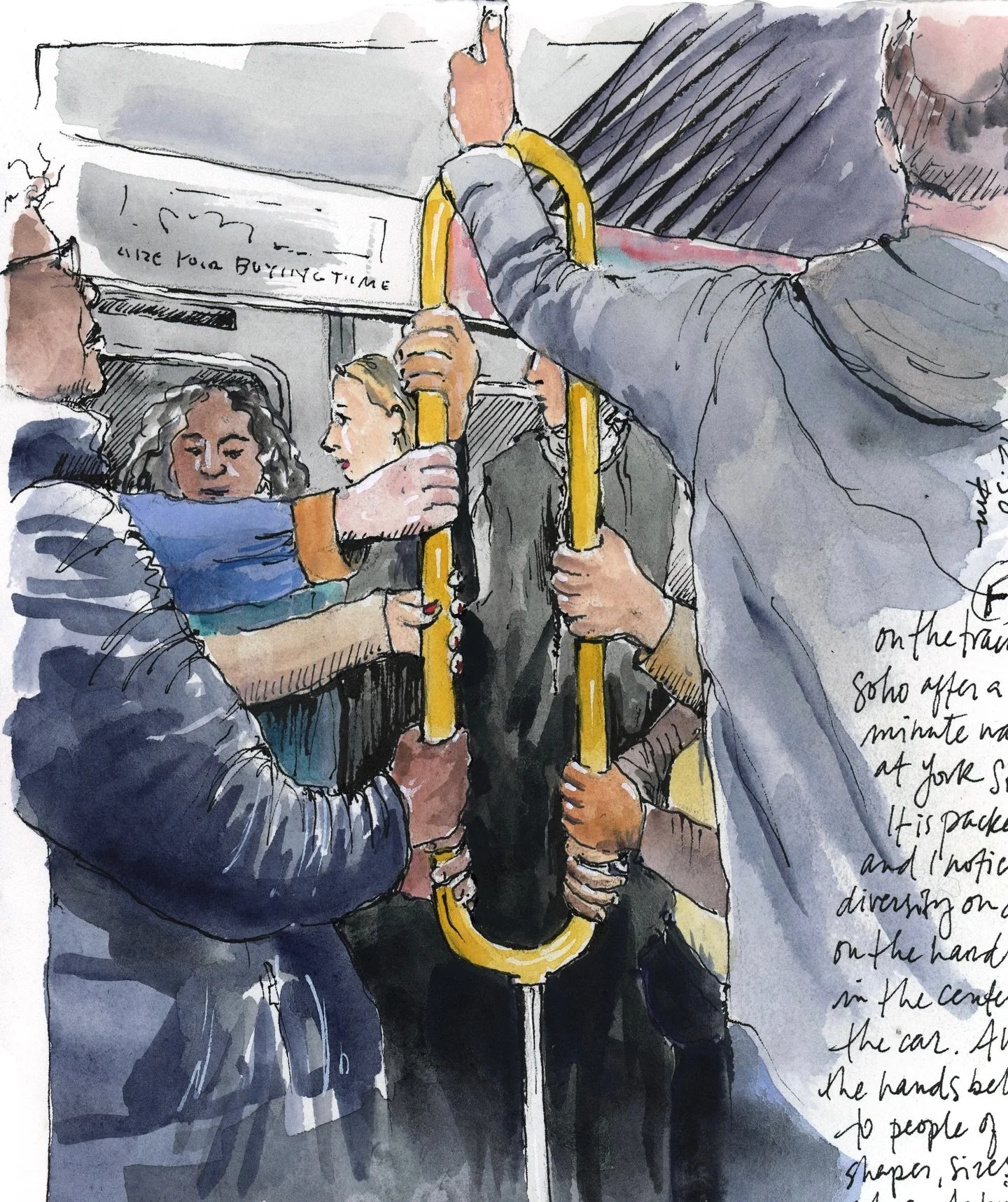 We waited so long for the F train to arrive. When we finally squeezed into the packed car, I noticed all the hands holding on. The subway brings everyone together. 

#drawyourday #drawyourworld #drawyouradventures #drawyourdayswithsdb