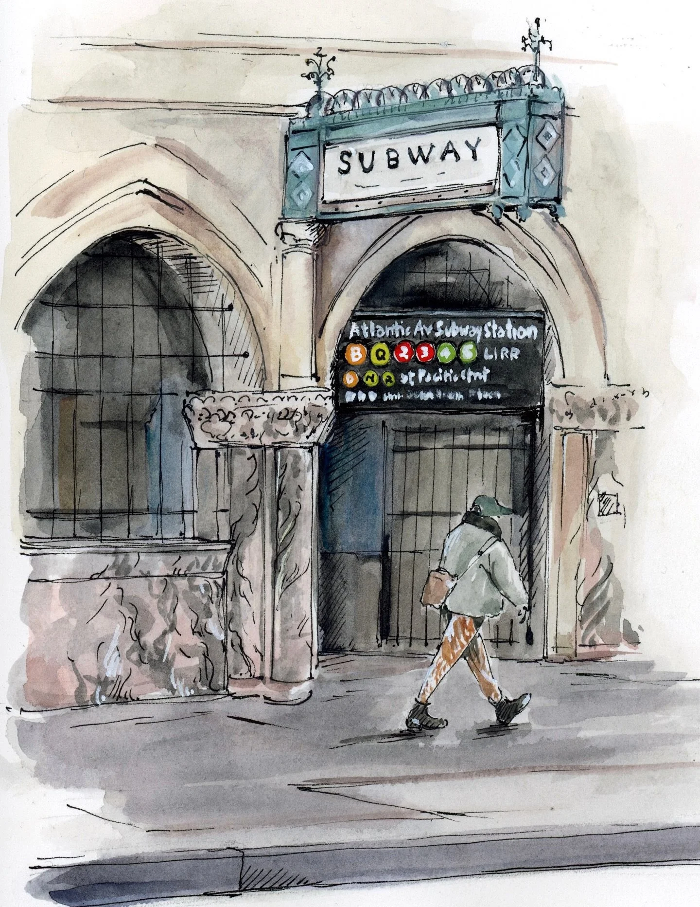 Sometimes the nicest subway stops are in unexpected places. This one near Atlantic Terminal has marble walls and an old copper sign. That sign and those walls designed and built to last through all the changes around them. People passing by barely no