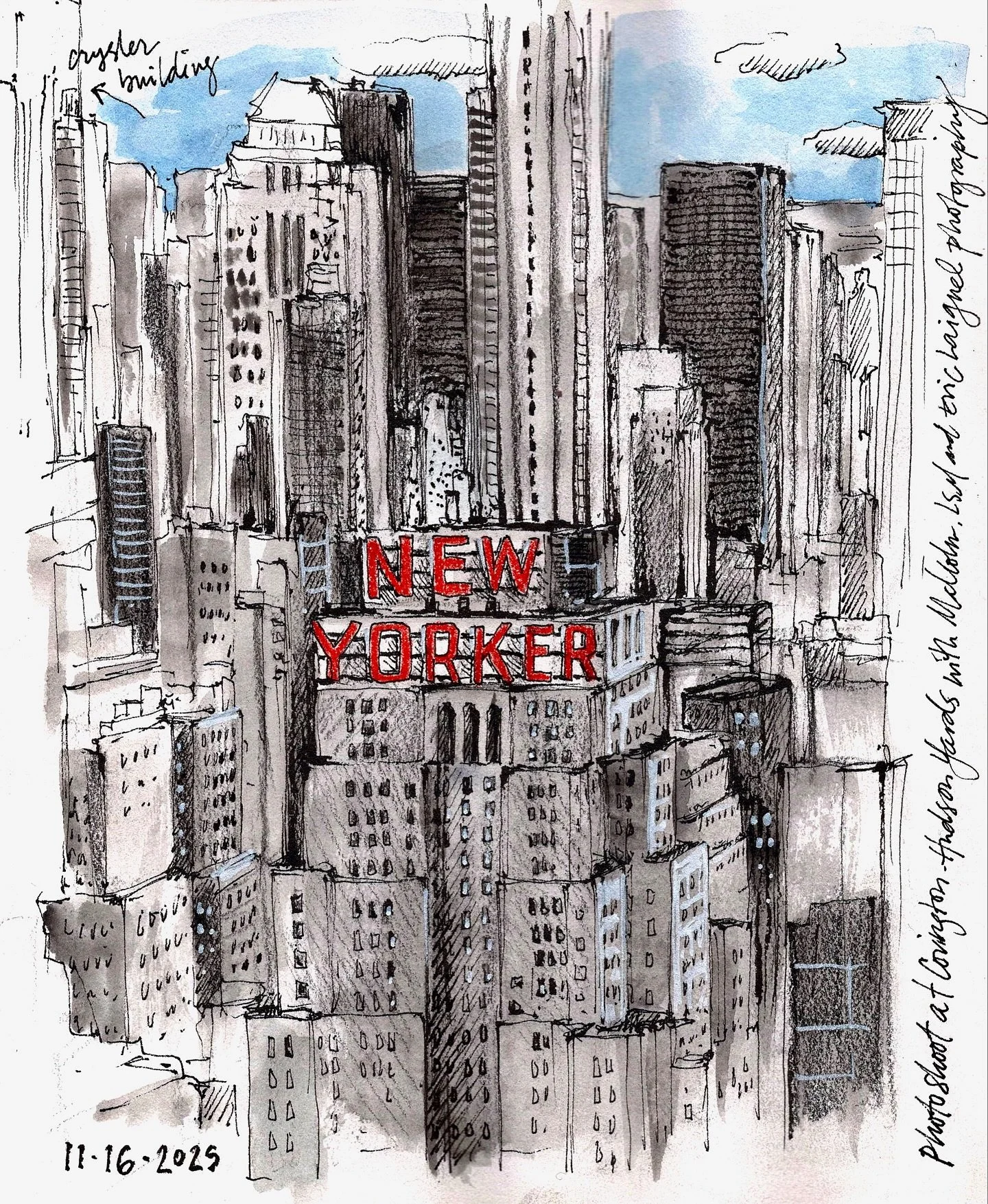 The New Yorker Hotel from high up at Hudson Yards. I wasn&rsquo;t sure I could pull this one off, but I do love a challenge. I started in the middle with the lettering and built everything out from there. While I was on site I only had my pens and pe