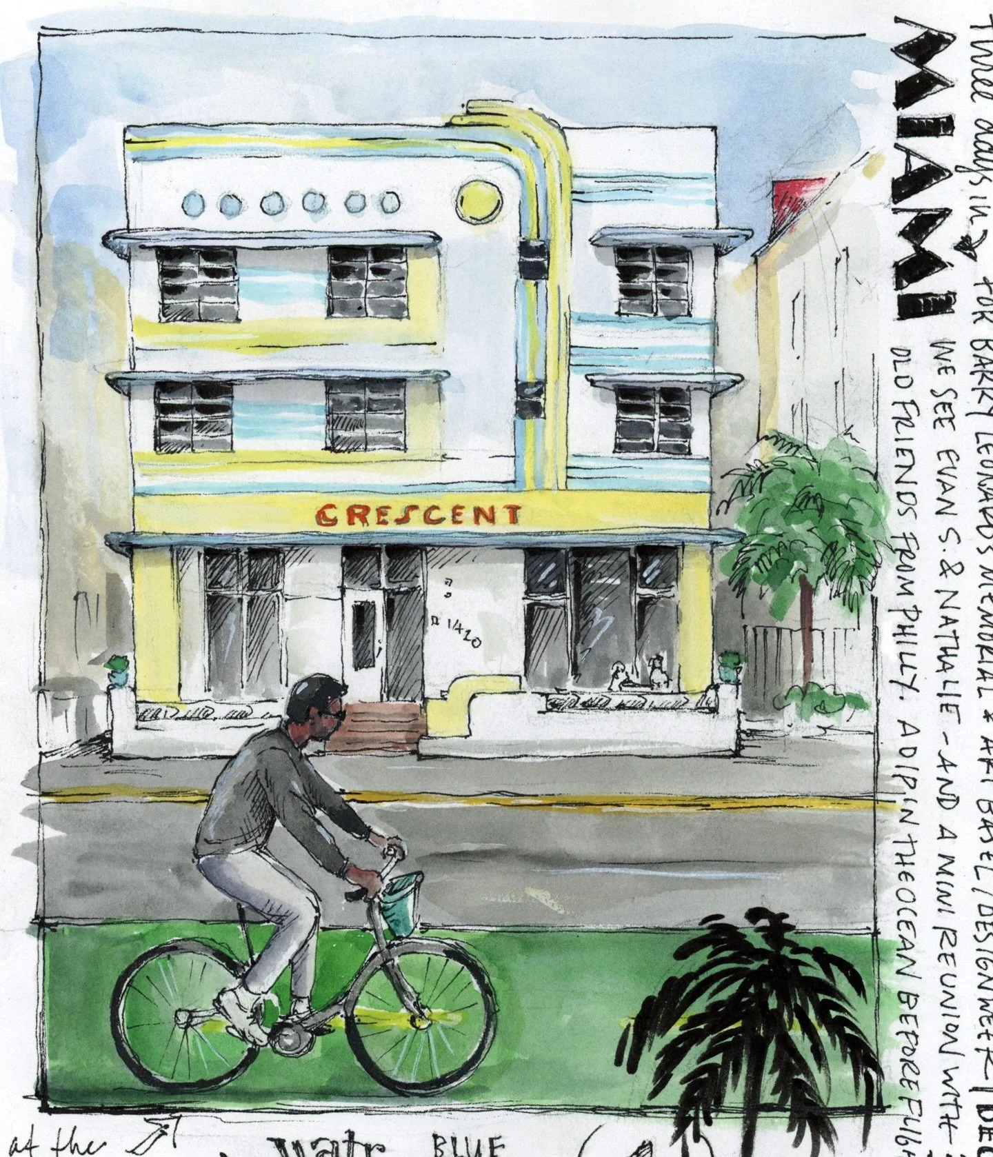 A few days in Miami on one page in my sketchbook. I hadn&rsquo;t been in six years, but I was attracted to the small art deco hotels then, just like I was this trip. See page from then and the page I finished yesterday on the flight home. #sdionbaker
