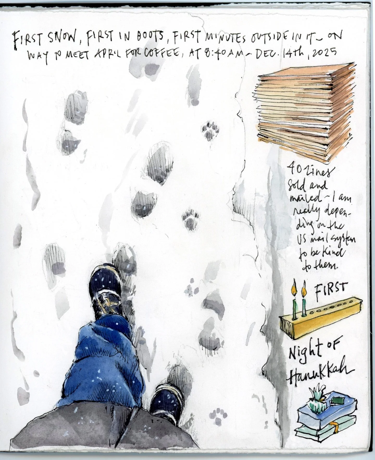 First snow in NYC yesterday so I dug my snow boots out of the closet to walk in it early in the morning, and the first night of Hanukkah. #drawyourday #drawyourworld #drawyouradventures